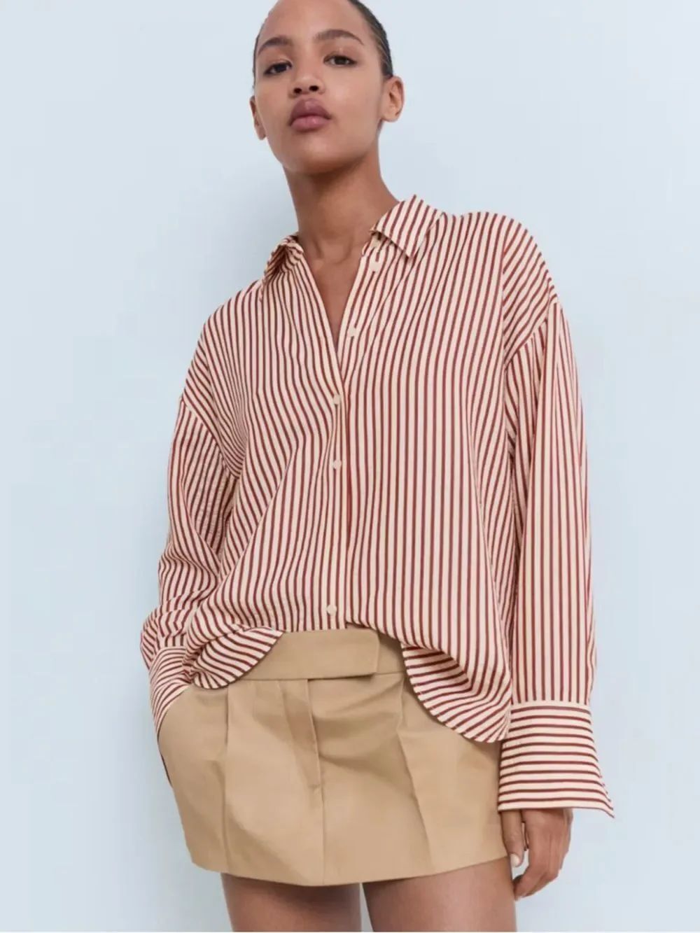 MANGO 8 Ivory Burgundy Striped Straight Long Sl Classic Collar Seersucker Shirt